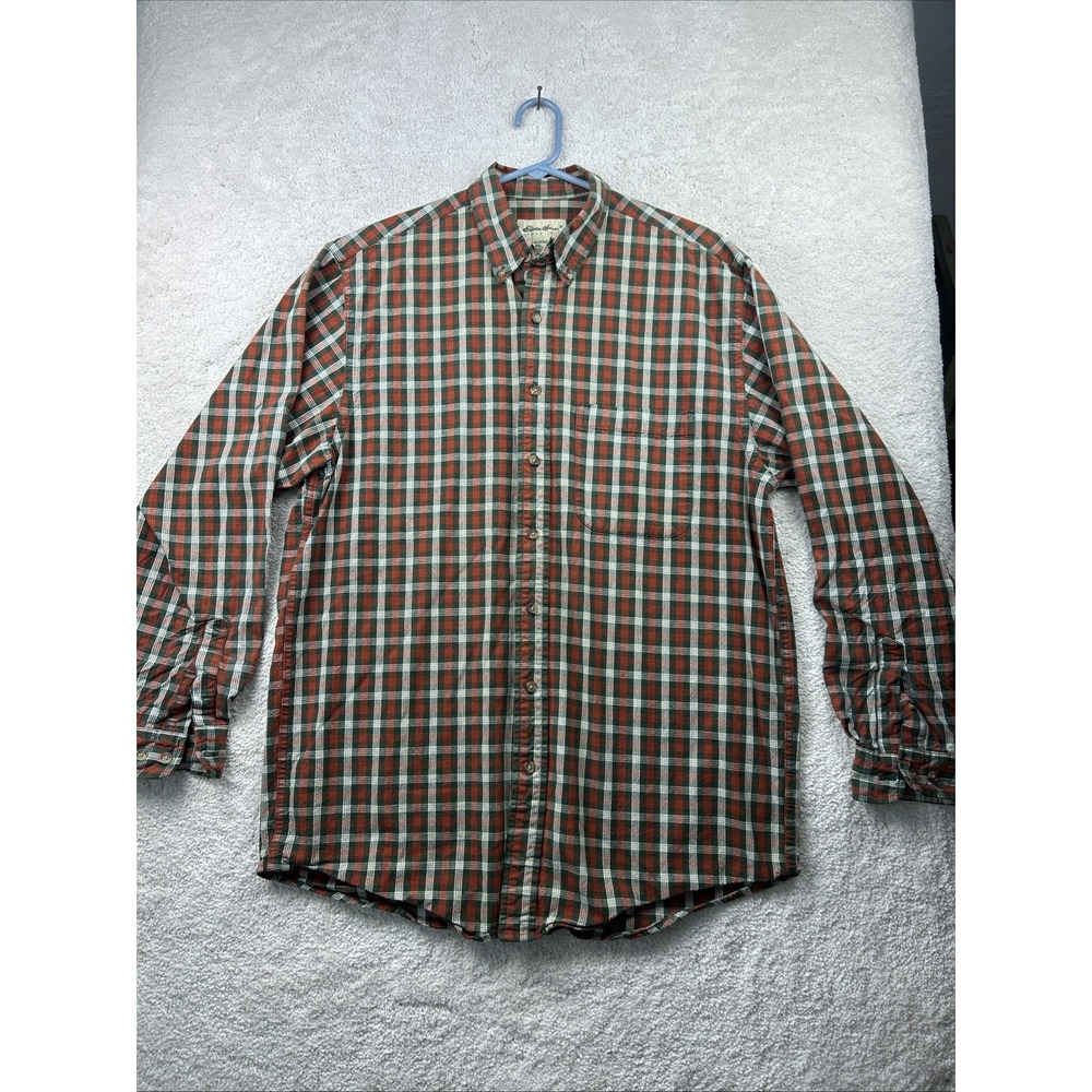 Eddie Bauer‎ Shirt Men's M Green/Orange Plaid Button Up Collared Tall/Long Fit